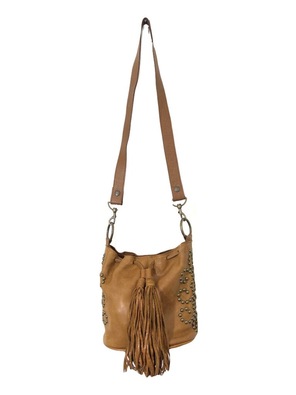 McFadin Bar West Studded Fringe Leather Bucket Crossbody Bag Pre-Loved